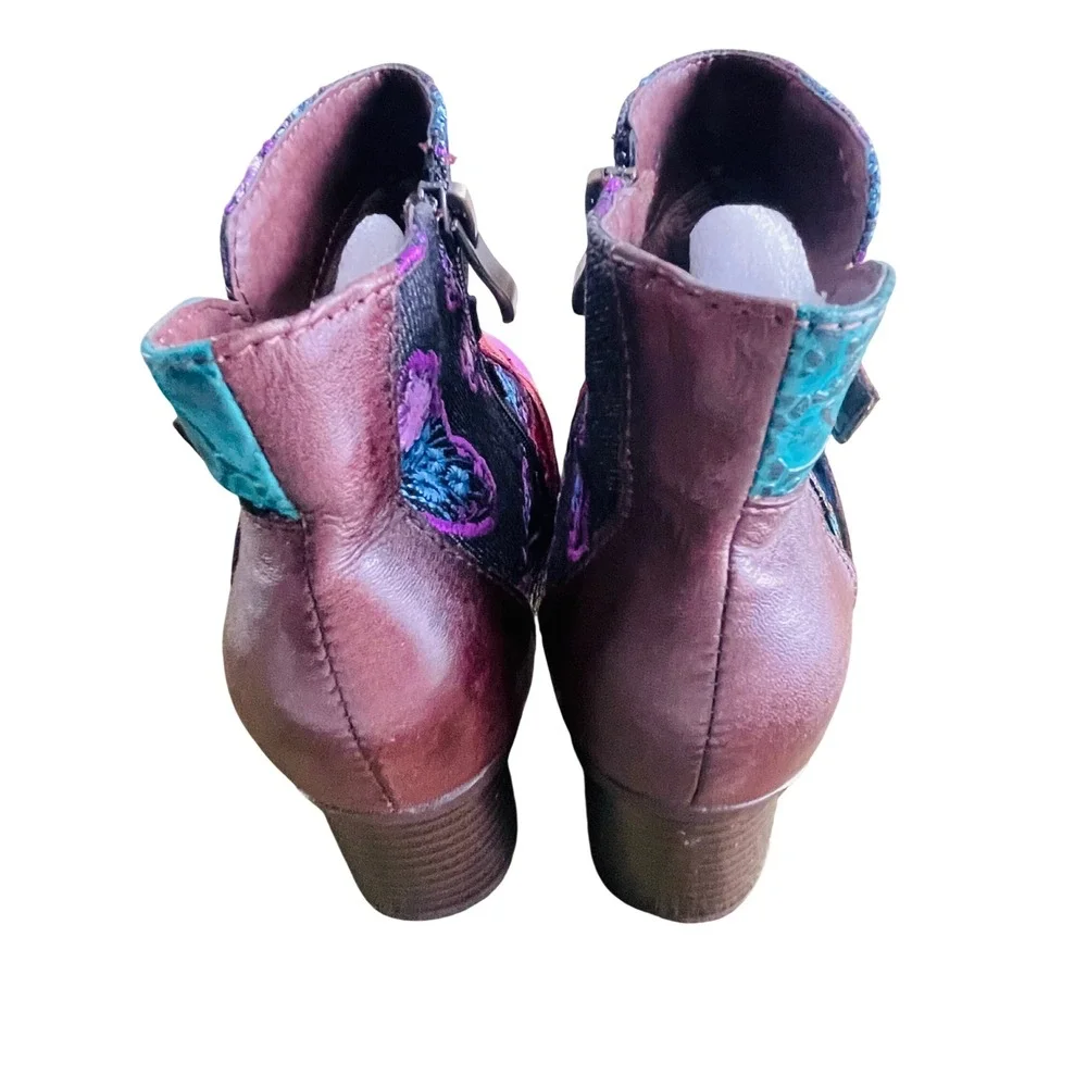 Socofy Patchwork Butterfly Embroidered Ankle‎ Boots Floral Block Heel 36 US 5.5